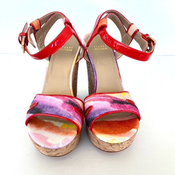 STUART WEITZMAN Orange Patent Leather w Multicolor Canvas Wedge Sandals Sz 9 M - Picture 3 of 11